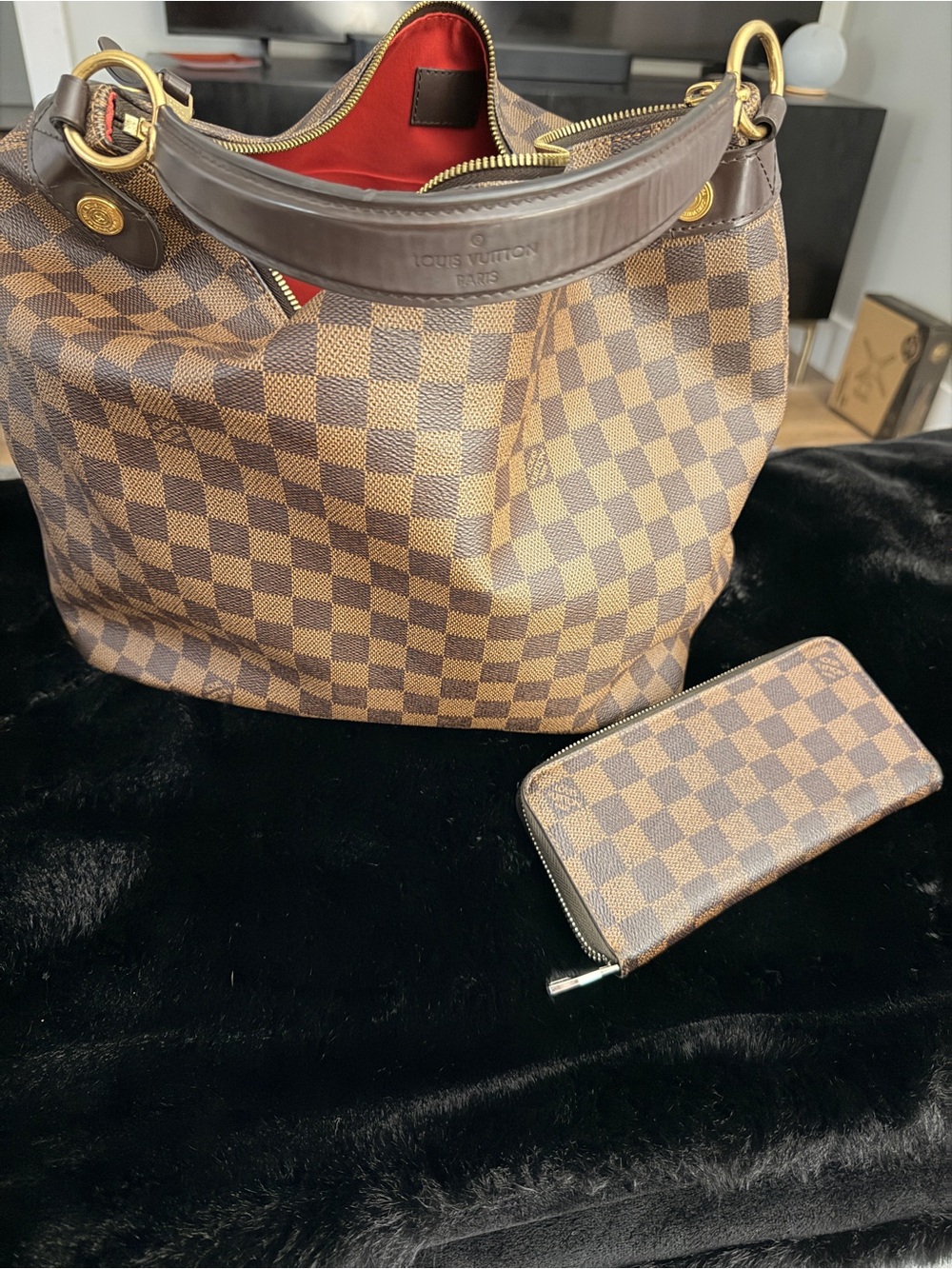 Louis Vuitton Brown Damier Ebene Shoulder Bag with red interior